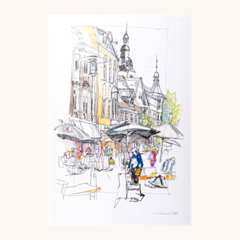 Yvonne Pretzsch Art - Bruchstraße mit Kirchturm - Urban Sketching - Kunst - Detmold