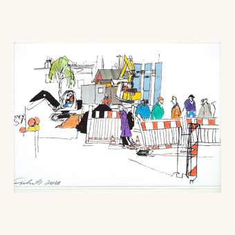 Yvonne Pretzsch Art - Baustelle 4 - Absperrung Bahnhofsplatz - Urban Sketching - Kunst - Detmold