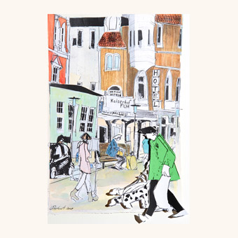 Yvonne Pretzsch Art - Bushaltestelle 1 - Mann mit Hunden - Urban Sketching - Kunst - Detmold