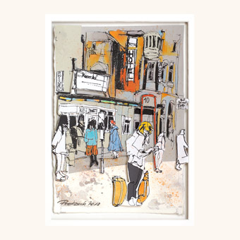 Yvonne Pretzsch Art - Bushaltestelle 10 - Frau mit Koffer - Urban Sketching - Kunst - Detmold